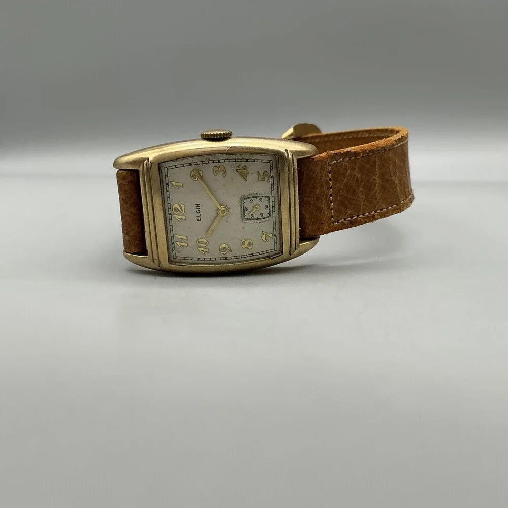 Vintage Elgin Tank Mens Watch 25mm Silver Gold Tone Brown Leather Manual Wind